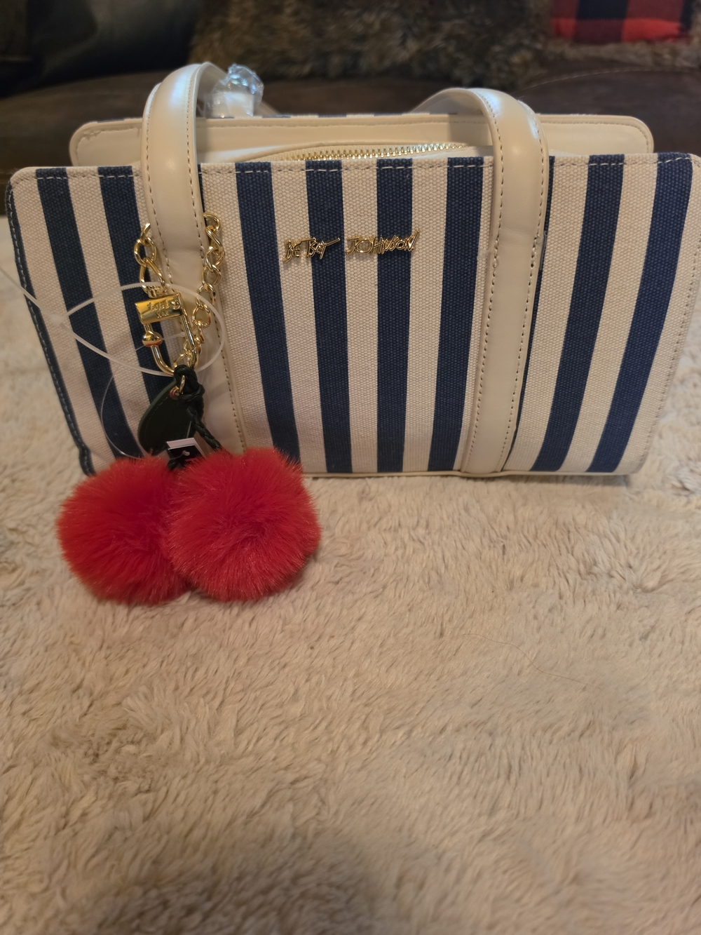 Betsey Johnson Striped Navy and White Tote with Red Pom Pom Charm
